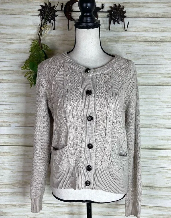 Fenn Wright Manson Oatmeal Neutral Tan Cable Knit Wool Blend Button Cardigan - Image 2