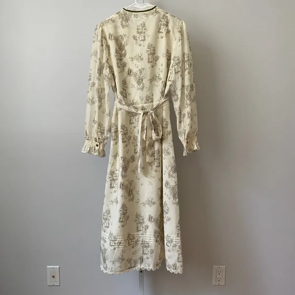 Simple Retro Prairie Dainty Toile Lace Trim Long Sleeve Midi Dress XL Cream - Image 6