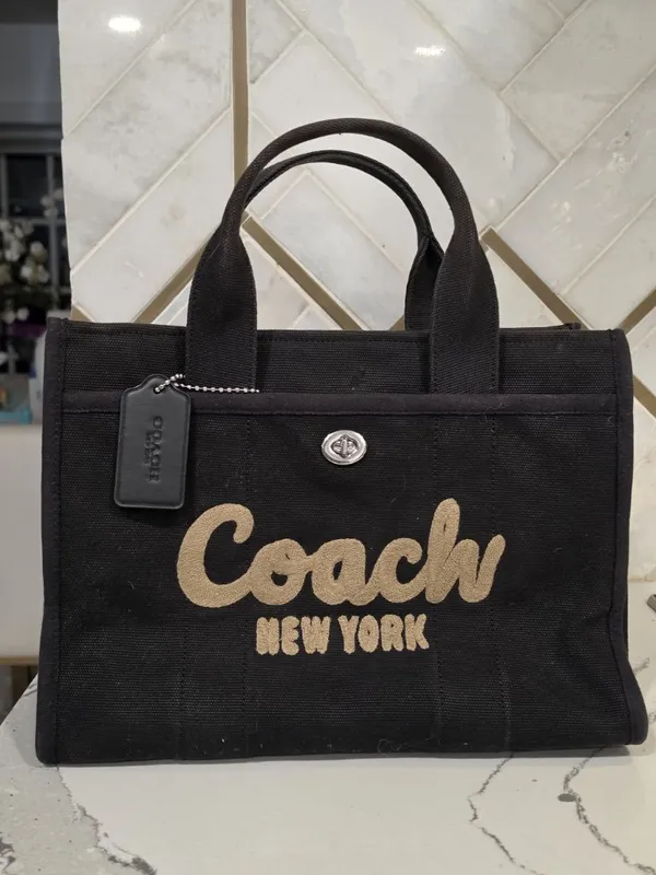 Coach Black Canvas Tote Bag With Gold Logo Spacious Interior Snap Closure Faded - Image 8