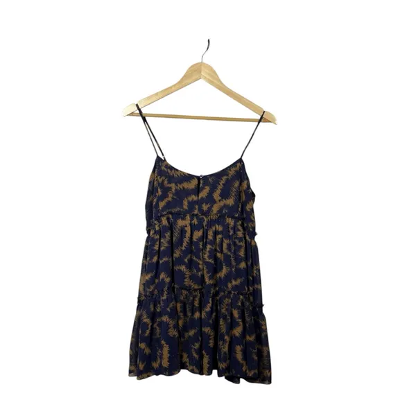 Urban Outfitters Rory Printed Chiffon Tiered Ruffle Mini Dress Navy/Tan Size M - Image 3