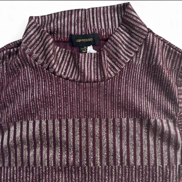 Espresso burgundy - violet mesh sleeveless mock neck top with shimmery gold stripes - Image 3