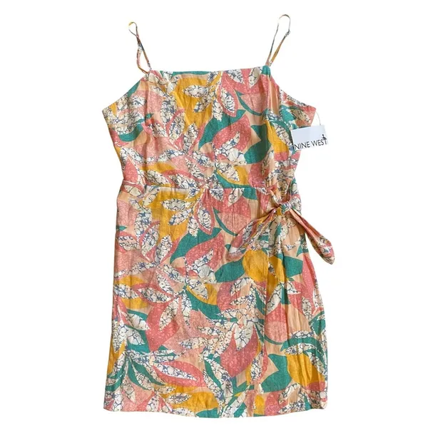 Nine West Women Multicolor‎ Tropical Print Faux Wrap Mini Dress Square Neck NWT - Image 2