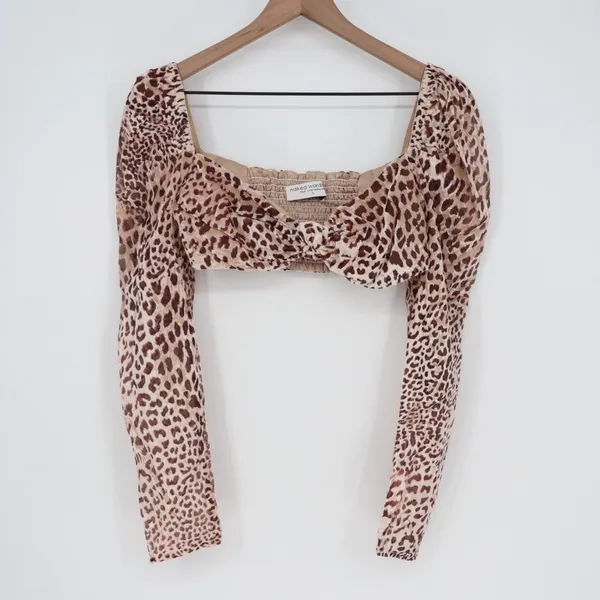 Naked Wardrobe Leopard Print Long Sleeve Crop Top Small Smocked Back - Image 2