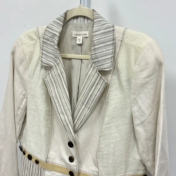 Coldwater Creek Cream Striped Mixed Media Button Front Blazer‎ Jacket Women's 14 - Image 6