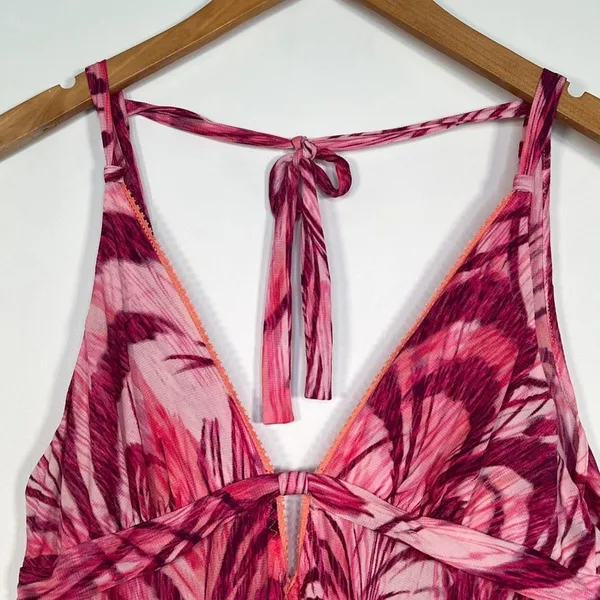 On Gossamer Fuchsia Pink Feather Print Babydoll Chemise Slip Dress Womens L - Image 5