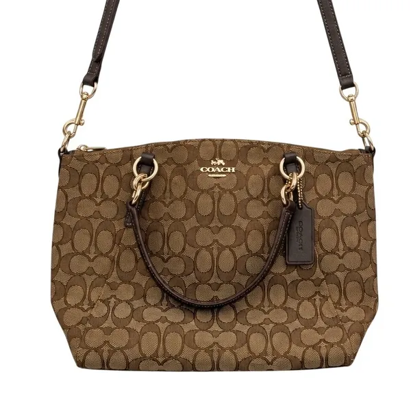Coach Kelsey Satchel Crossbody Bag Khaki Brown Signature C Jacquard‎ Canvas - Image 2