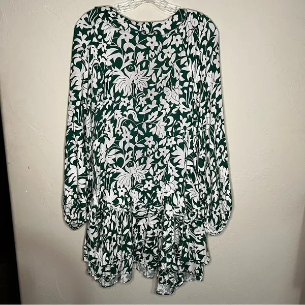 Free People‎ Rebecca Floral Green White Ruffle Tiered Long Sleeve Mini Dress - Image 9