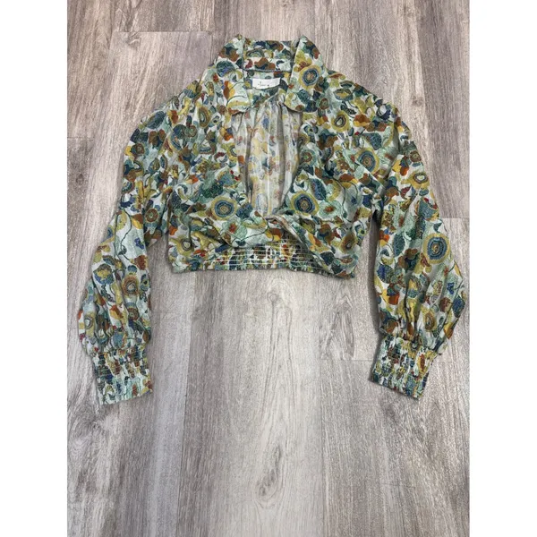 Anthropologie Floral Twist Front Crop Top Balloon Sleeve Smocked Womens Medium - Image 2