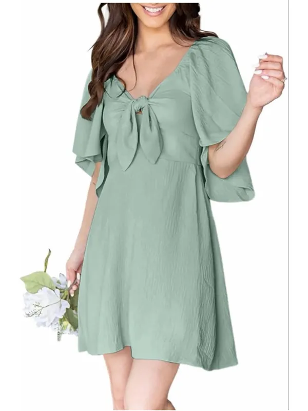 NEW V Neck Elegant Cocktail Bow mini Dress M Green Size M - Image 5