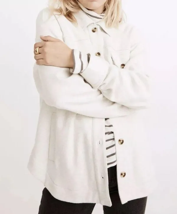 Madewell Brushed Cotton Button Up Cream Shacket Sweater Over Jacket - Image 2