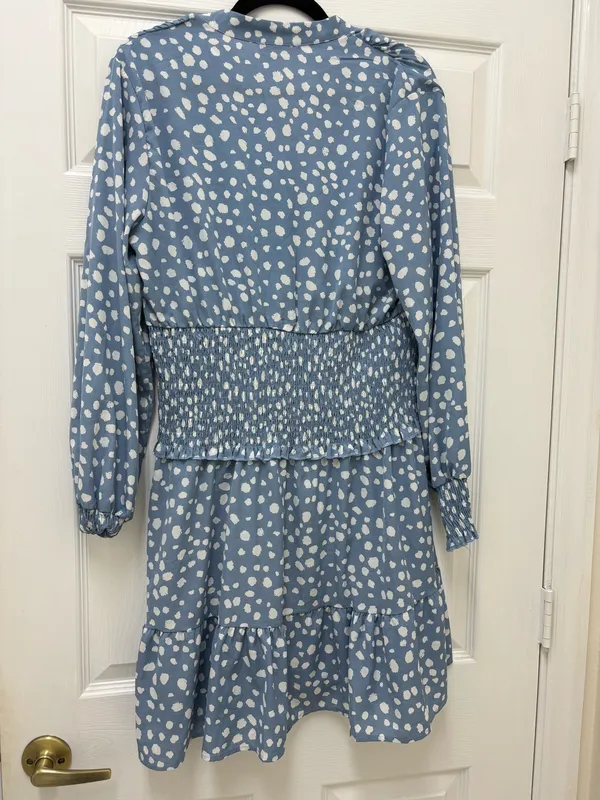Pretty Garden blue with white polka dot long sleeves dress in size L - Image 2