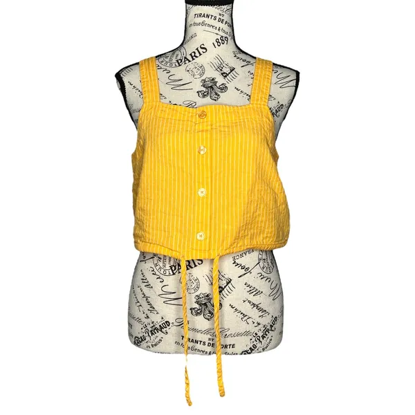 A New Day (M) Striped Button Detail Linen Blend Front Tie Crop Top Tank Shirt - Image 6