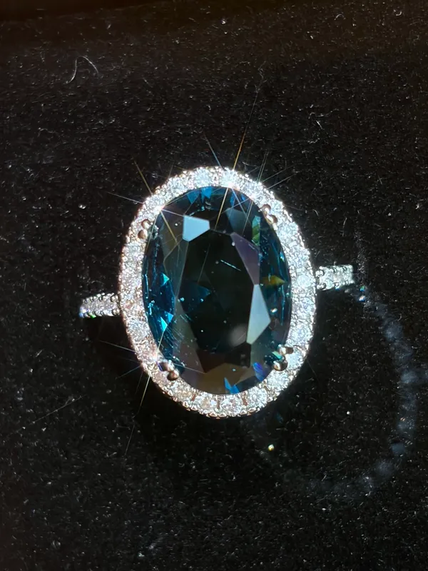 New Silver Tone Large Lagoon Oval Imitation Tourmaline Halo Style Cocktail Ring in7,8 - Image 2