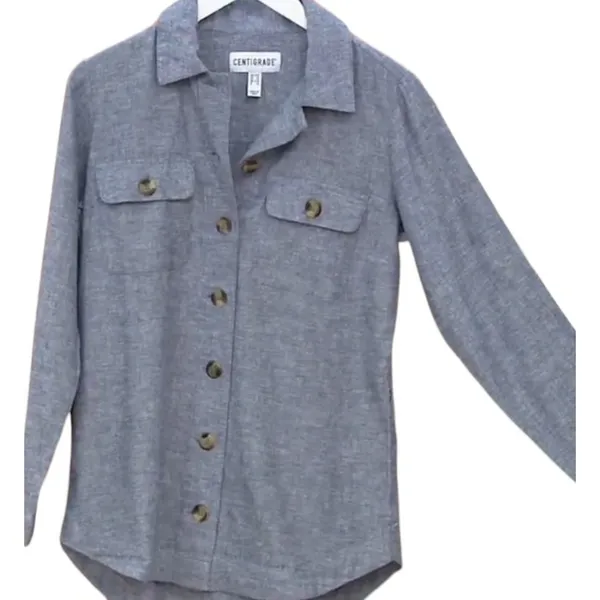 Centigrade Button Front Linen Blend Shacket Shirttail Hem Indigo Blue M NO BELT - Image 6