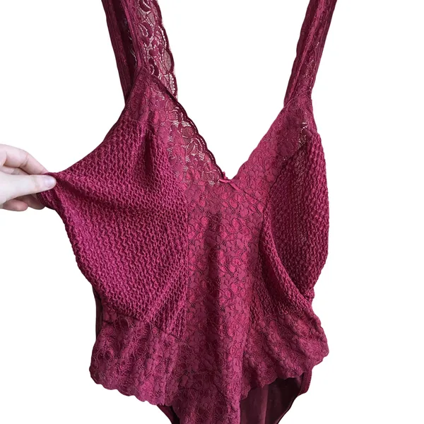 Vintage Movie Star Lace Bodysuit L Burgundy Womens V-Neck Lingerie USA Made - Image 3