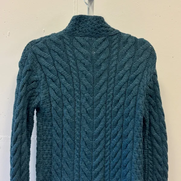 Carraig Donn Irish Merino Wool Cable Knit Cardigan Teal Blue XS Made in Ireland - Image 7