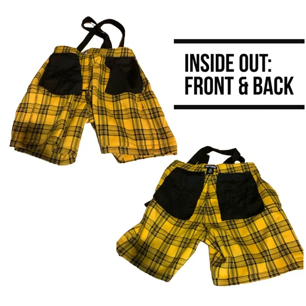 Hot Topic Yellow & Black Plaid Pleated Front Cargo Suspender Shorts (S) - Image 9