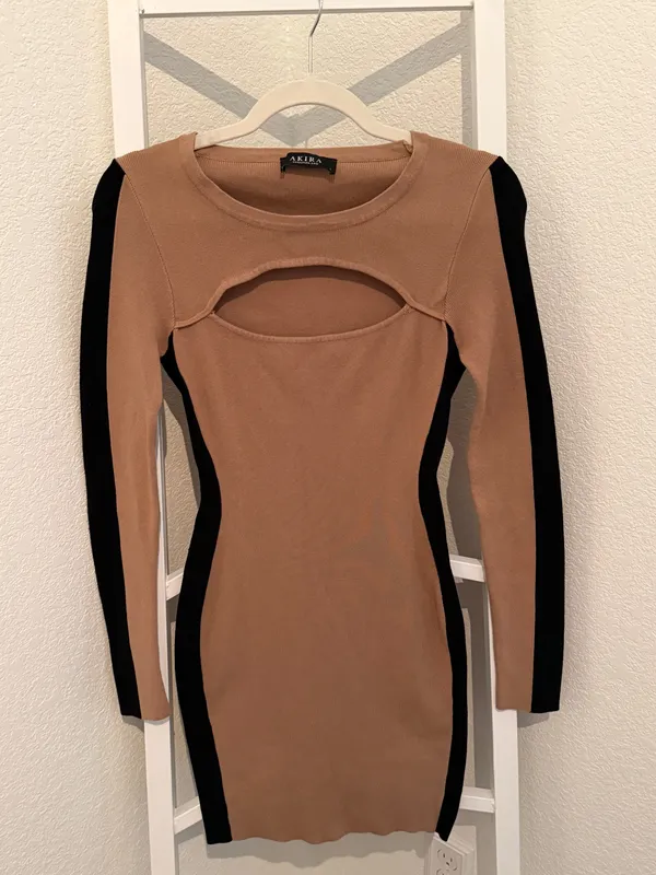AKIRA Black Label Cutout Bodycon Mini Dress Tan Black Long Sleeve - Image 2