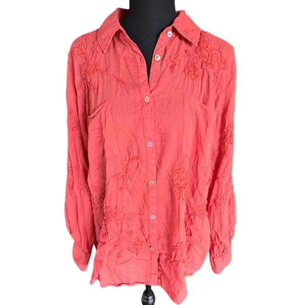 Karyn Seo Coral Embroidered Cotton Button Down Shirt Boho Medium - Image 2