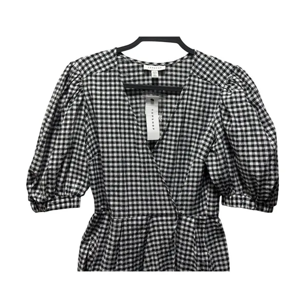 Topshop Black & White Gingham Puff Sleeve Wrap Mini Dress Size 6 - Image 4