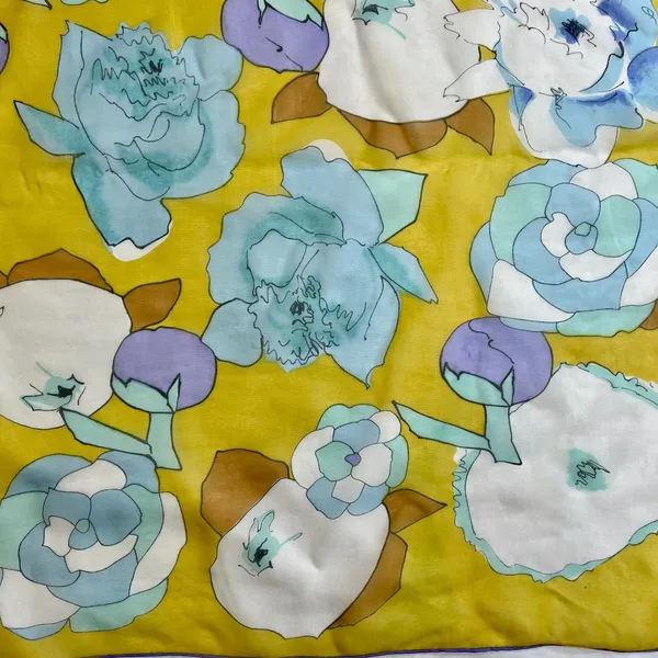 vintage yellow blue white floral scarf square poly chiffon - Image 4