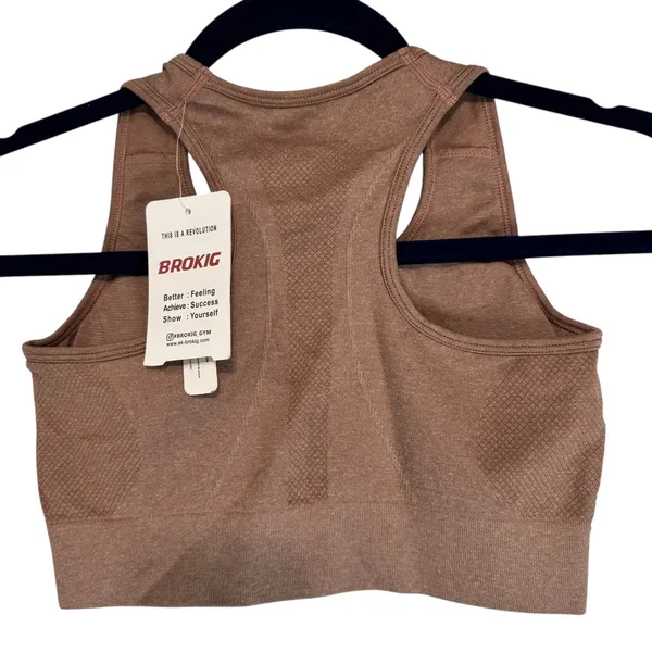 Brokig Womens‎ Seamless Racerback Sports Bra Brown Ruched Front Size S New - Image 6