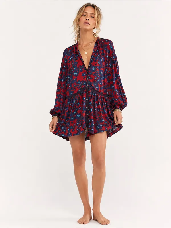NEW Free People Red Floral Bohemian Keyhole Long Sleeve Mini Dress SMALL Tunic - Image 4