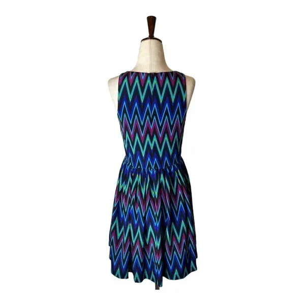 Amanda Uprichard Blue Chevron Print Silk‎ Sleeveless Fit And Flare Mini Dress XS - Image 2