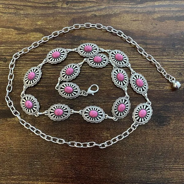 Silver Y2K Pink Stone Concho Waist Chain Belt, Fits 24.5-42.5 Inches, X7GA1298 - Image 6