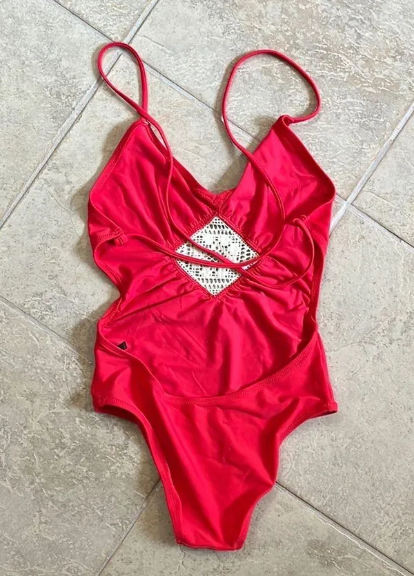 Aerie Red One-Piece Swimsuit with Crochet Detail - Image 2