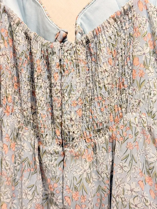 ASTR Pale Blue Floral Tiered Sweetheart Maxi Boho Dress Flutter Straps Size S - Image 10