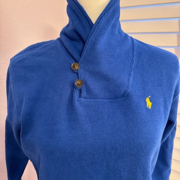 Ralph Lauren Royal Blue Shawl-Collar Sweater with Yellow Pony - Image 2