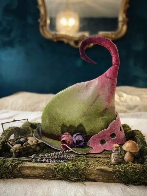 Felt Forest Fairy 🧚 Hat in Green and Pink with Floral Accents Witch costume - Image 2