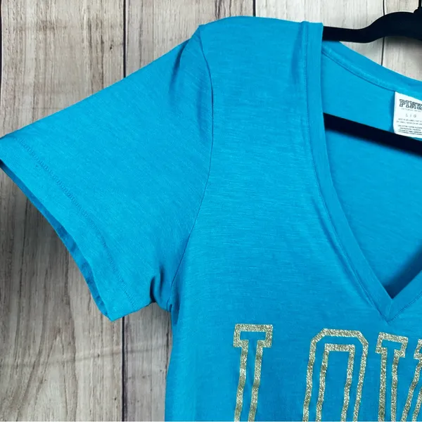 Vintage PINK Victoria's Secret Turquoise Tee with Gold Lettering - Image 5