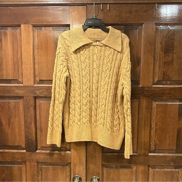 Free People Mustard Yellow Cable Knit Collared Pullover Sweater Women's Size XS‎ - Image 2