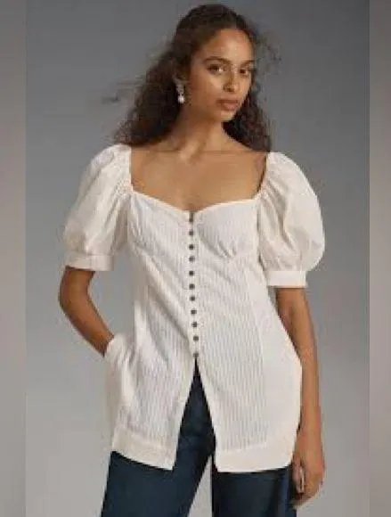 Anthropologie White Maeve Puff-Sleeve Sweetheart Top Size L NWT (READ) - Image 2