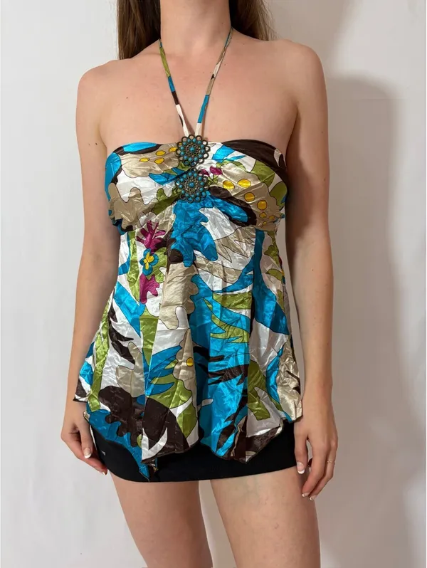Y2K Silky Colorful Graphic Paisley Halter Top - Image 2