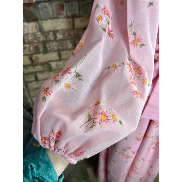 formal dress prom maxi pink floral sheer sleeves pink orange 1970s - Image 3