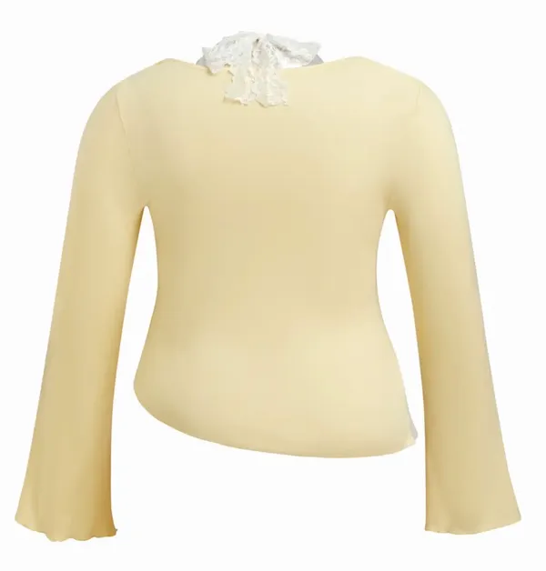 Cider Pale Yellow Long Sleeve Lace-Trim Crop Top - Image 4