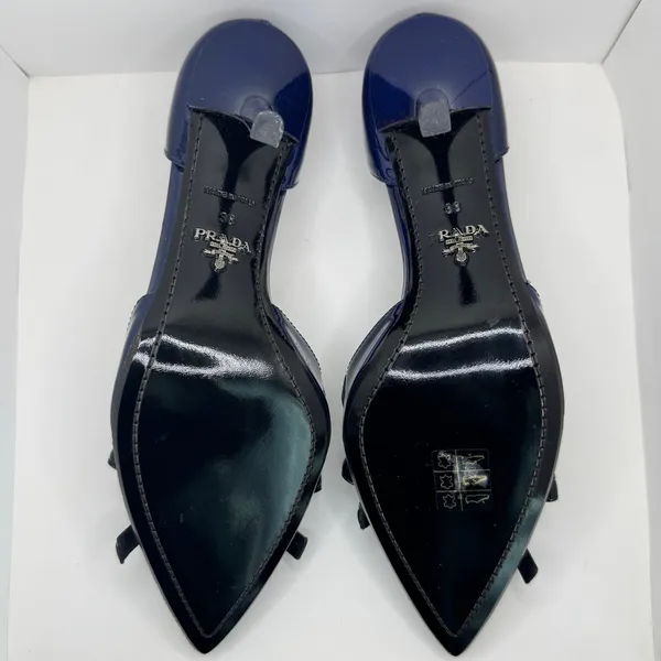 Prada Vintage 2000s Navy Patent Leather Bow D’Orsay Heels Italy 38 New with Box - Image 6