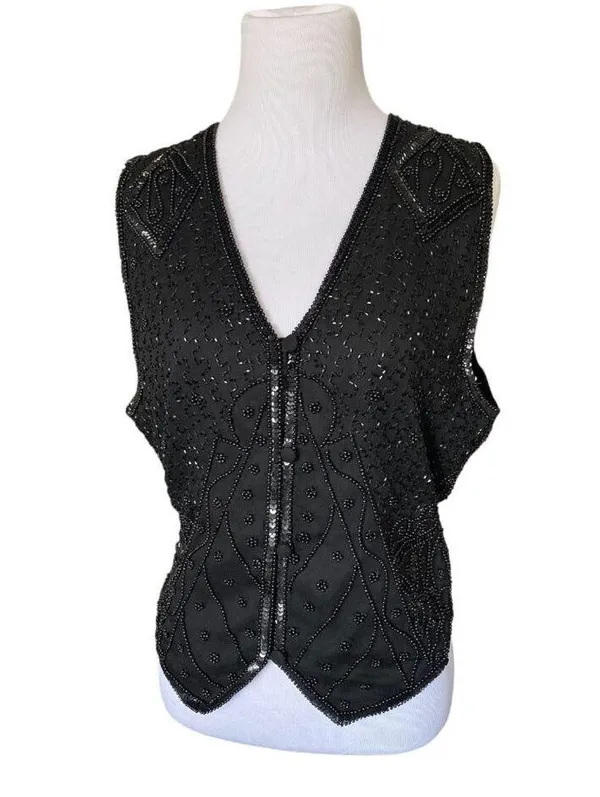 Vintage Silk Beaded Sequin Waistcoat Vest Black - Image 2