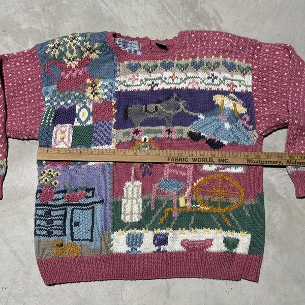 Vintage Hand Knitted Cardigan Sweater SZ L Cottagecore Antiques Farm House Pink - Image 7