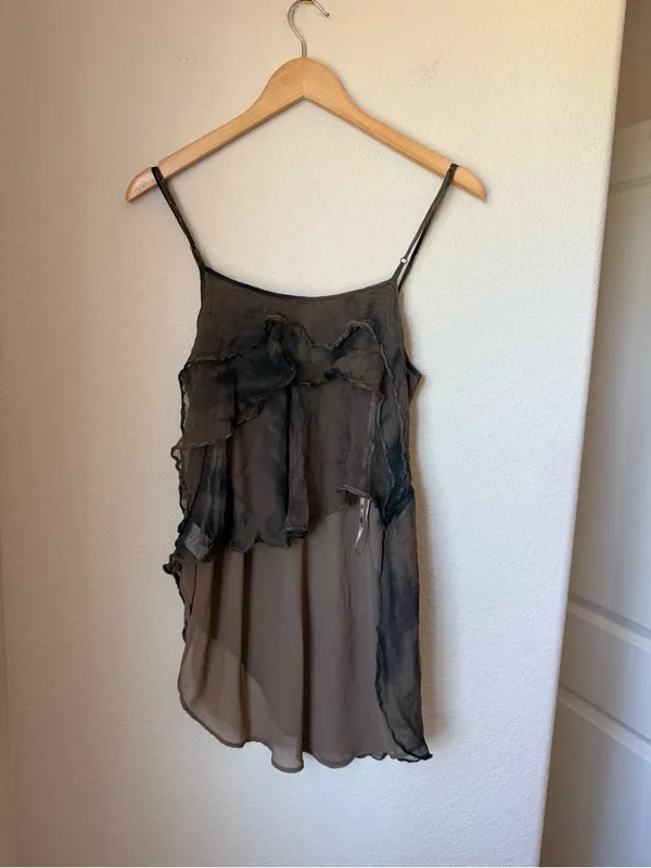 Free People Sheer Beaded Boho Tunic Cami Top Gray Brown Hi-Low Size L - Image 2