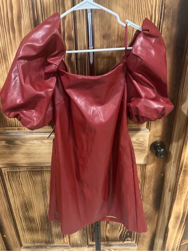 Anthropologie Red Faux-Leather Puff-Sleeve Mini Dress with Bow - Image 6
