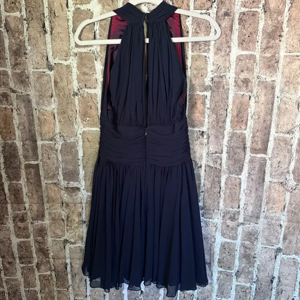 Vtg Ann Taylor Navy Blue Pleated Chiffon Halter Minidress Size 6 Dark Coquette - Image 3