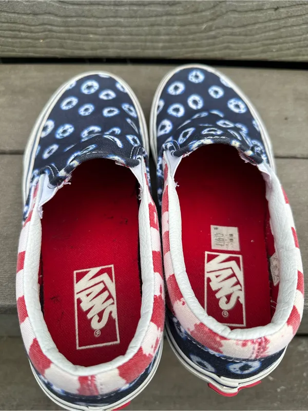 Vans Classic Slip-On Dyed Dots & Stripes Red, White, Blue Skate Shoes - Image 6