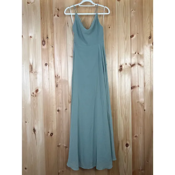 NWT Lulus Romantically Speaking Sage Green Cowl Lace-Up Maxi Dress Bridesmaid M - Image 2