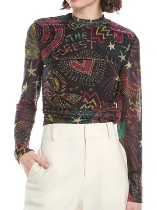 Farm Rio Amazonia Tulle Blouse Multicolor Sheer Mock Neck Size S - Image 11