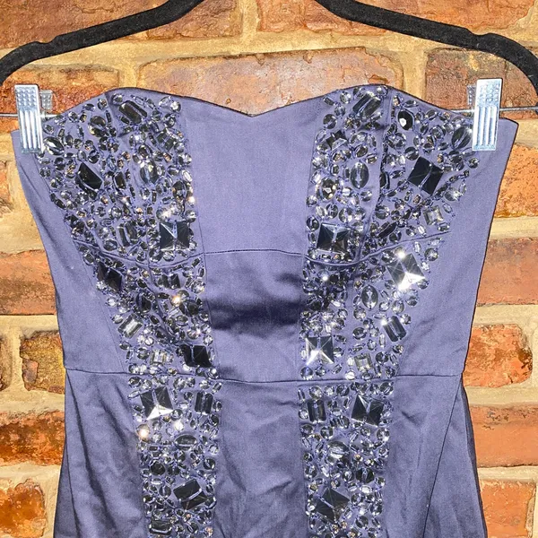 French Connection Vintage Y2k Blue Beaded Embellished Strapless Dress Size 4 - Image 2