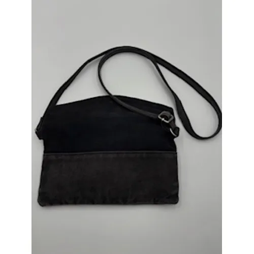 Free People Crossbody Bag Charcoal Black Canvas Leather Foldover Minimalist OS - Image 3